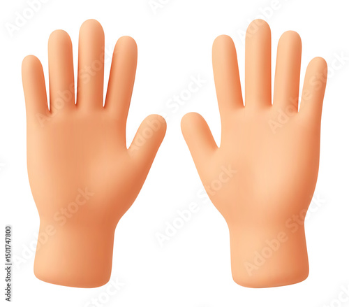 Raised hands 3d emoji. High five, greeting and friendly waving gesture. Cartoon open human hands raised up, stop sign.  Smooth 3D render isolated vector concept