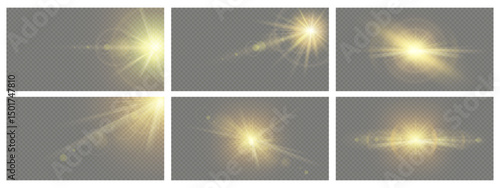 Sunlight effect. Realistic sun rays light glare, transparent sunbeams lens flare, shining star glow, natural yellow sparkles. Summer sunshine. Vector isolated 3D starburst set