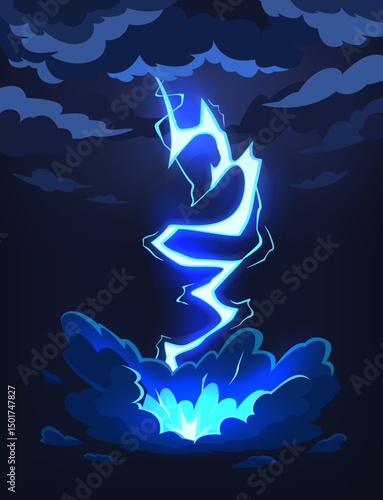Cartoon lightning strike. Bright electric lightning bolt hitting ground from storm clouds, shock flash. Stormy weather blue glowing bolt from sky. Energy blast vector scene