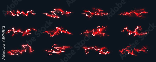 Red lightnings. Cartoon electric power, thunderbolt strike neon bright effect, red discharge impact, energy lightning flashes, lava cracks. Vector vfx isolated set