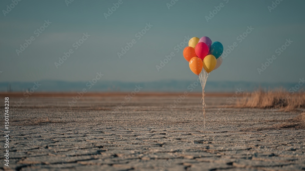 Fototapeta premium A bunch of colorful balloons floats above cracked, dry earth in a barren landscape under a clear sky.