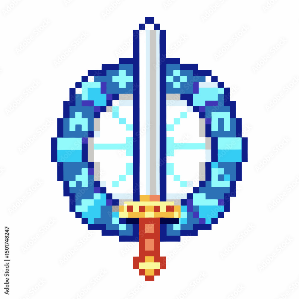 Obraz premium Pixel art sword and shield emblem with blue circular design retro video game icon with fantasy rpg theme