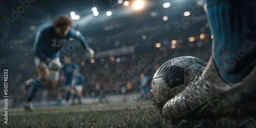 Soccer Action Scene: Blue Team Attacks, Goalkeeper Misses in Championship Match