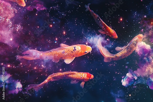 A koi pond with galaxies in the water