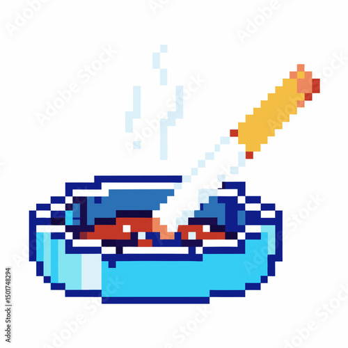 pixel art cigarette burning in blue ashtray with smoke rising, retro digital illustration