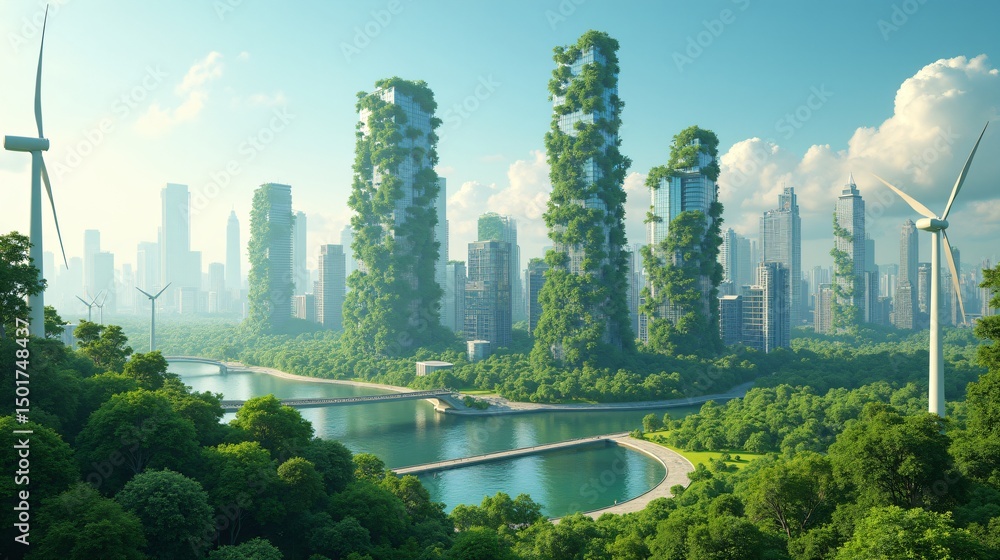 Fototapeta premium A Futuristic City with Green Architecture and Renewable Energy Sources
