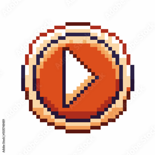 Pixelated red play button icon on circular background for digital media interface