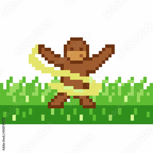pixel art ninja cat with nunchucks practicing martial arts in grassy field