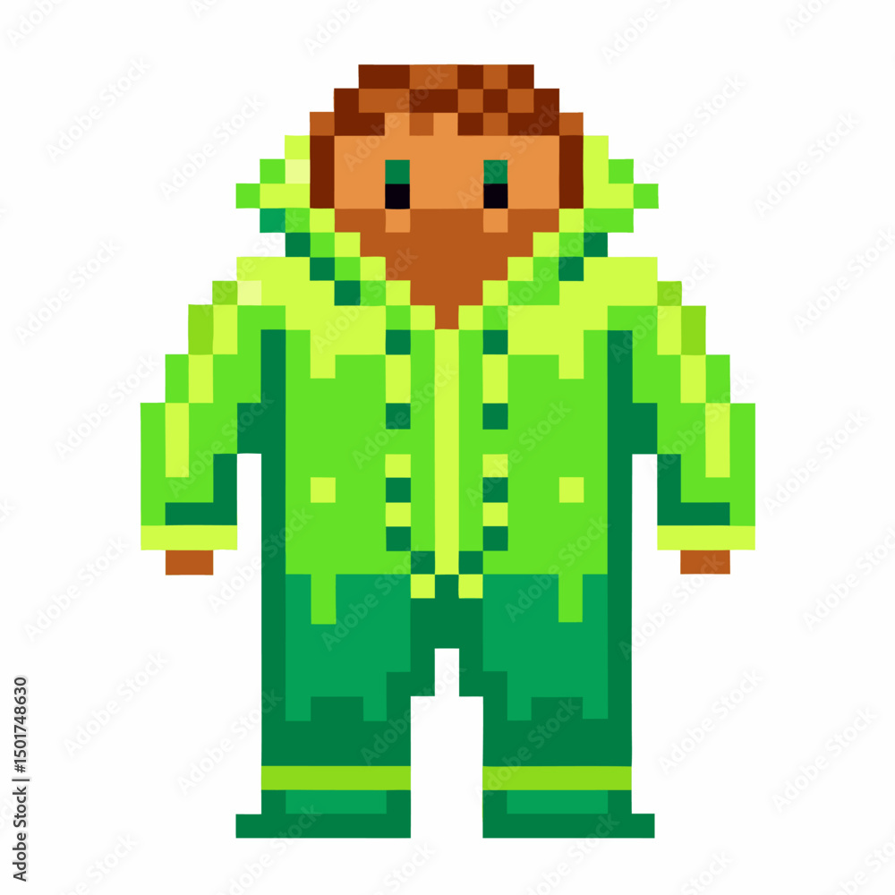 Fototapeta premium Pixel art character with green pixelated hoodie, retro game design