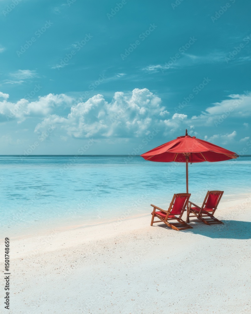 Fototapeta premium Two red beach chairs under an umbrella on a tropical beach with turquoise water and white sand in Maldives