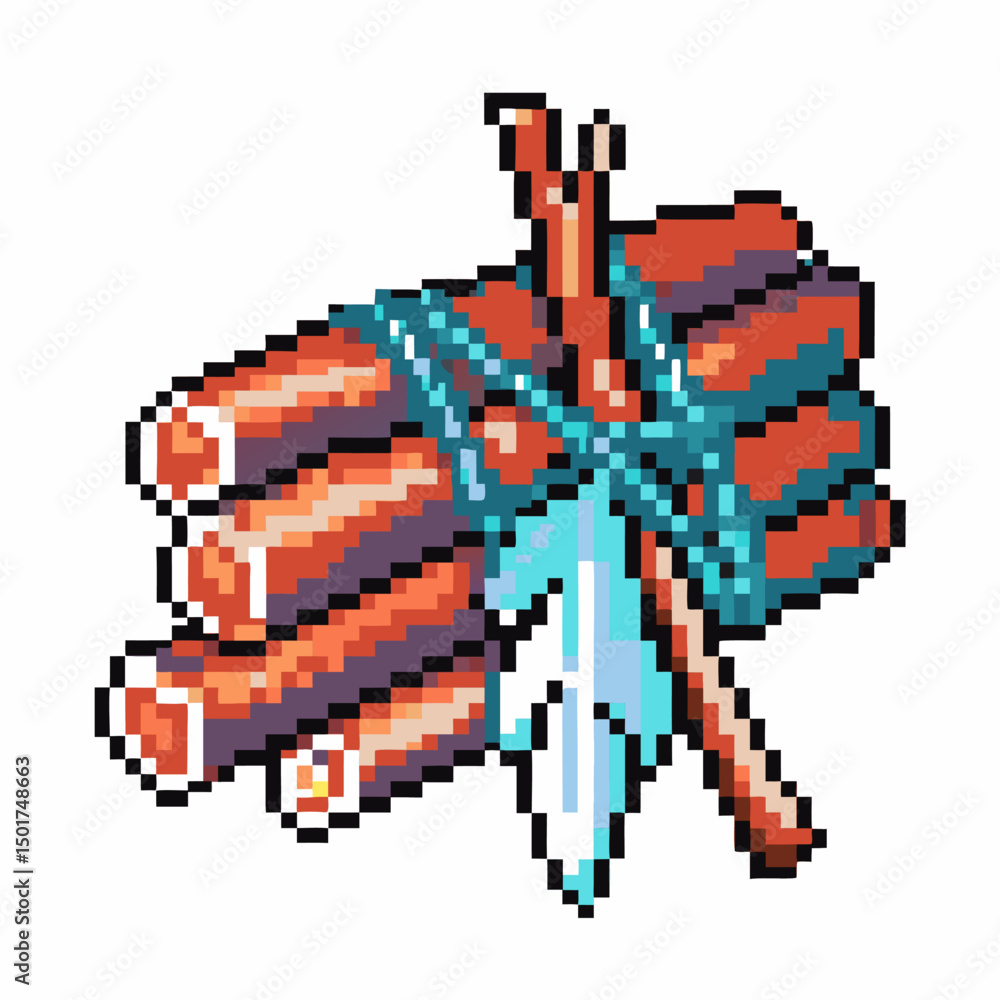 Obraz premium Pixel art dynamite bundle with blue tie and feather accent in retro