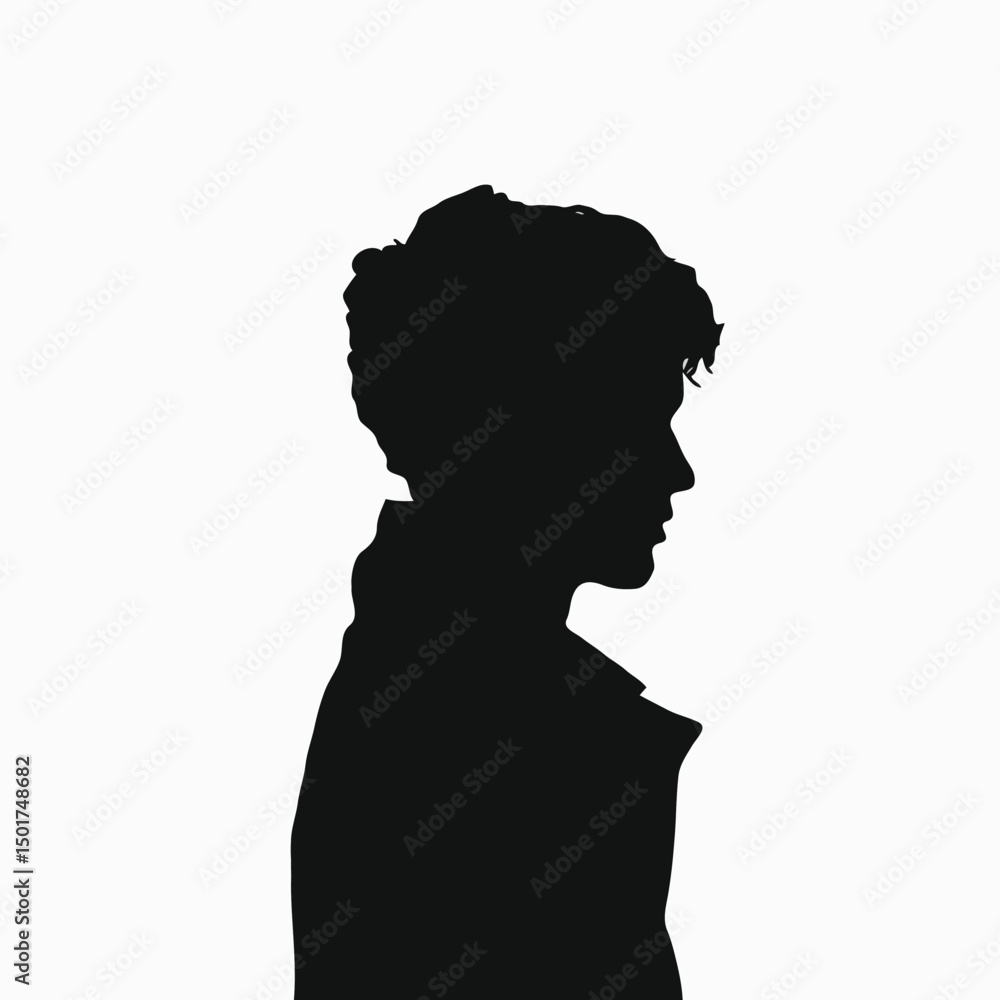 Dynamic thoughtful male silhouette with casual hairstyle, black profile on white background