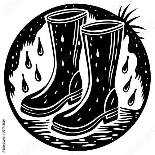 Pair of Rain Boots in a Rainy Setting Graphic Illustration