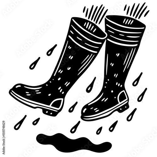 Rainy Day Fun Black Rubber Boots Splashing in Puddles