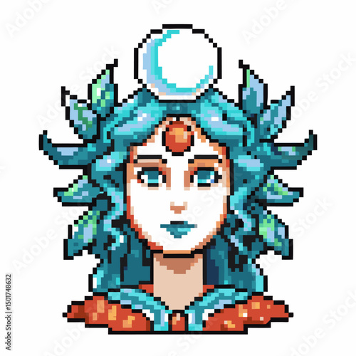 Pixel art goddess with a celestial crown, blue hair and serene expression, divine and mythical realm