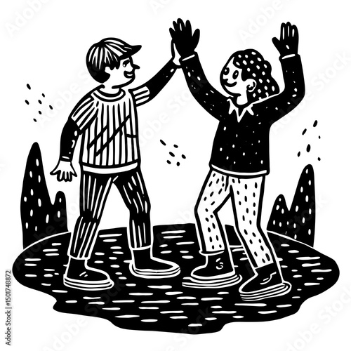 Happy Friends High Five on Ice Skating Rink