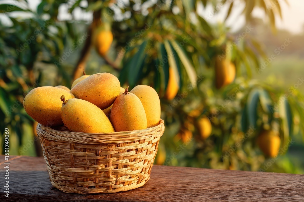 Refreshing summer mangoes inside basket with trees and natural surroundings Refreshing summer mangoes inside basket with trees and natural surroundings