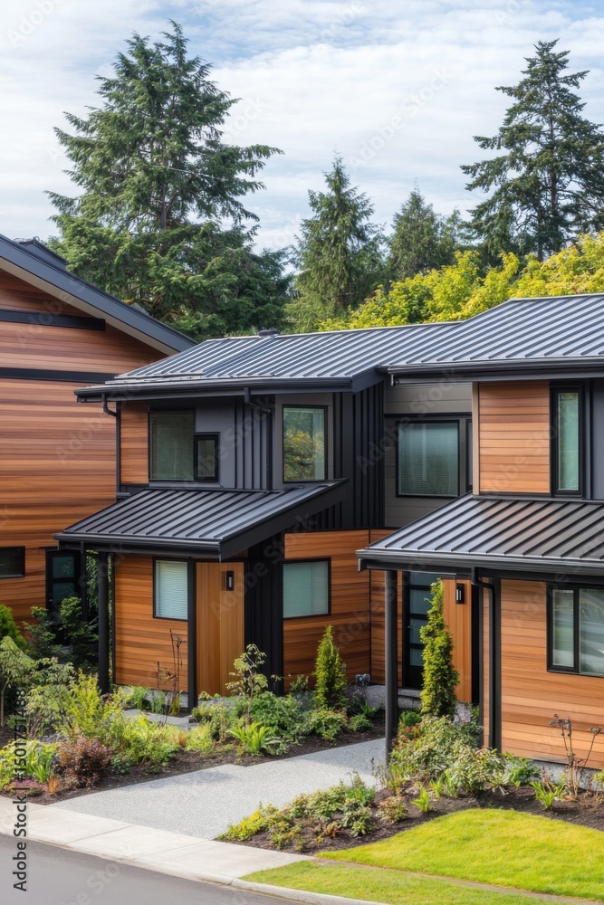 Fototapeta premium Modern townhouses with wooden siding and sleek metal roofs in a serene neighborhood surrounded by lush greenery on a clear day