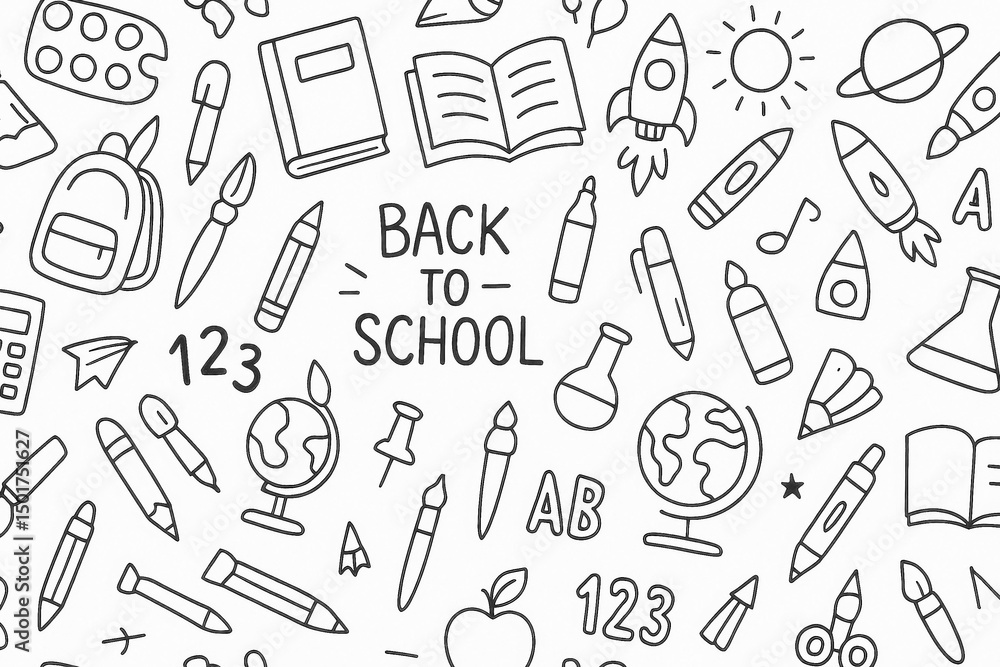 Back to School doodles hand drawn style icons set.Seamless pattern with school supplies,lettering, cartooning elements and cute design for kids. Back to School doodles hand drawn style icons set.Seamless pattern with school supplies,lettering, cartooning elements and cute design for kids.