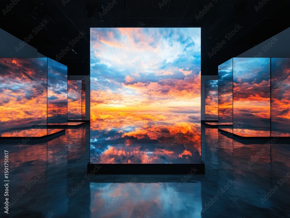 Fototapeta premium Dynamic art installation displaying vibrant sunset reflections modern gallery digital art contemporary setting aesthetic perspective
