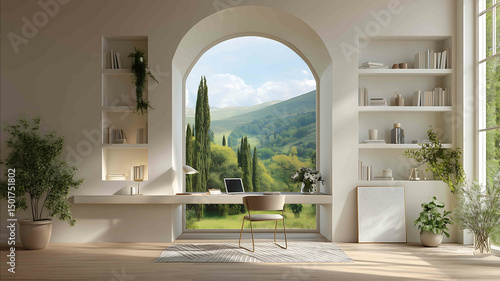 Hyperrealistic interior of a minimalist home office setup for a Zoom meeting background white walls large window showing a lush Italian landscape with rollin