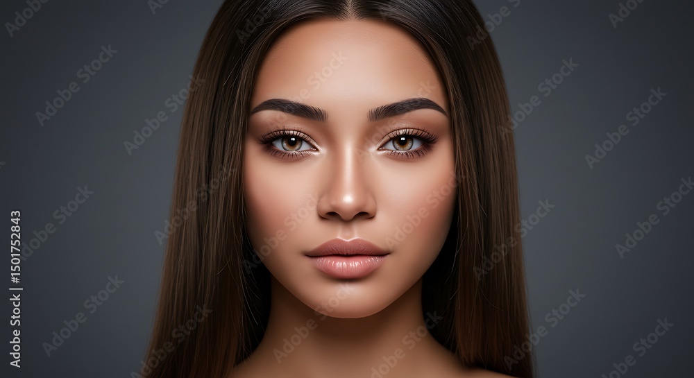 Fototapeta premium Close up shot of a woman with brown hair and light eyes against gray background