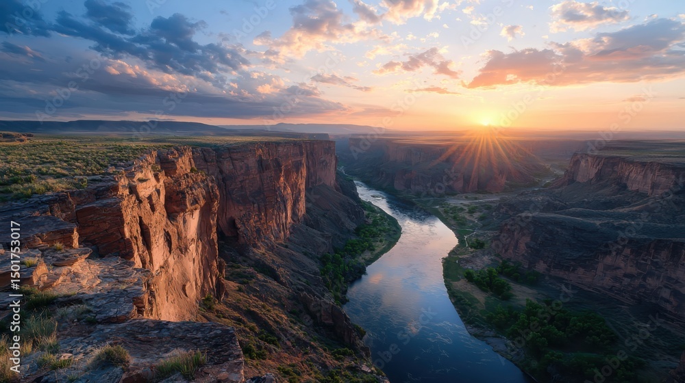 Fototapeta premium Stunning sunset over river canyon nature landscape photography serene wilderness scenic viewpoint
