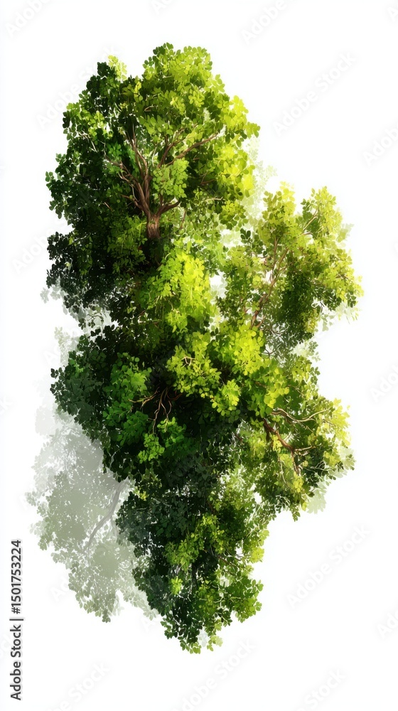 Fototapeta premium Tree Top View from Below with Green Leaves and Branch Structure on White Background Artistic Illustration