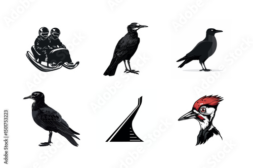 Snowmobile riders crows woodpecker road graphic set
