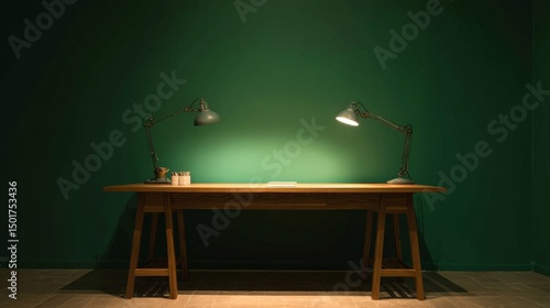 Wallpaper Mural Minimalist wooden desk with warm glow, a serene workspace for focused productivity
 Torontodigital.ca