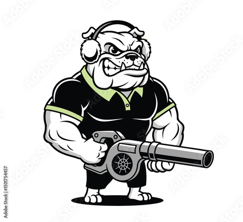 Tough Cartoon Bulldog Mascot with Leaf Blower and Headphones