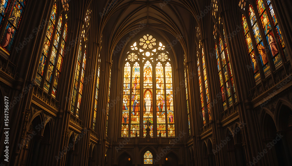 Obraz premium A medieval cathedral with stained glass windows illuminated by golden sunlight showing biblical scenes associated with the descent of the Holy Spirit Majestic and reverent