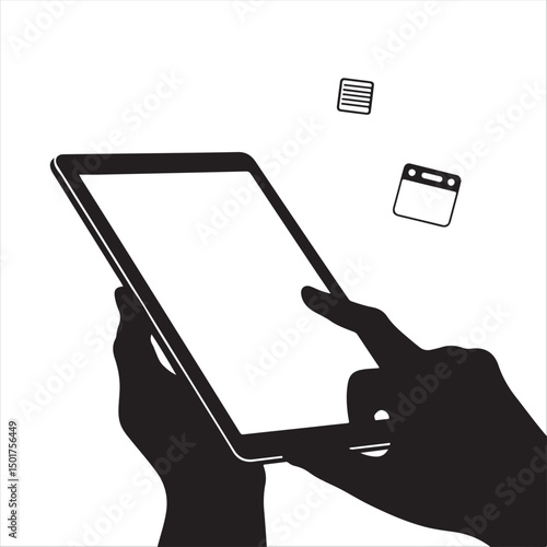 Timeless and elegant, black and white, flat vector silhouette of a hand interacting with a tablet, minimal floating planner icons to-do list, calendar, habit tracker, soft pastel background