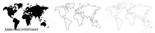 Set of flat earth, globe world map black on white, outline map