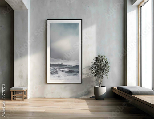 a minimal modern art gallery wall with a single large framed digital painting hanging at eye level thin matte black frame light gray concrete wall soft ambie