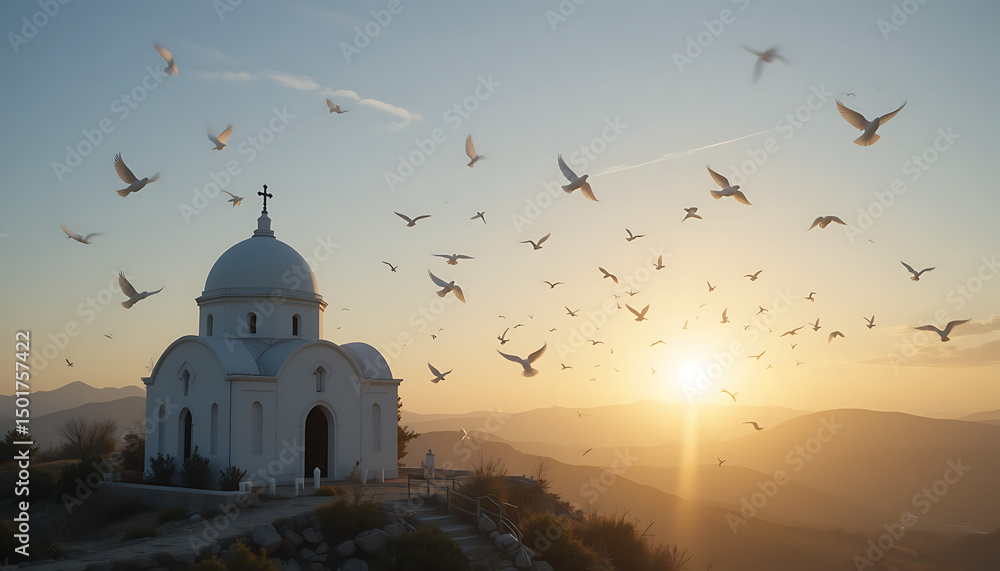 Fototapeta premium A soft sunrise breaking over a hilltop chapel with white doves taking flight from the rooftop bathed in golden light