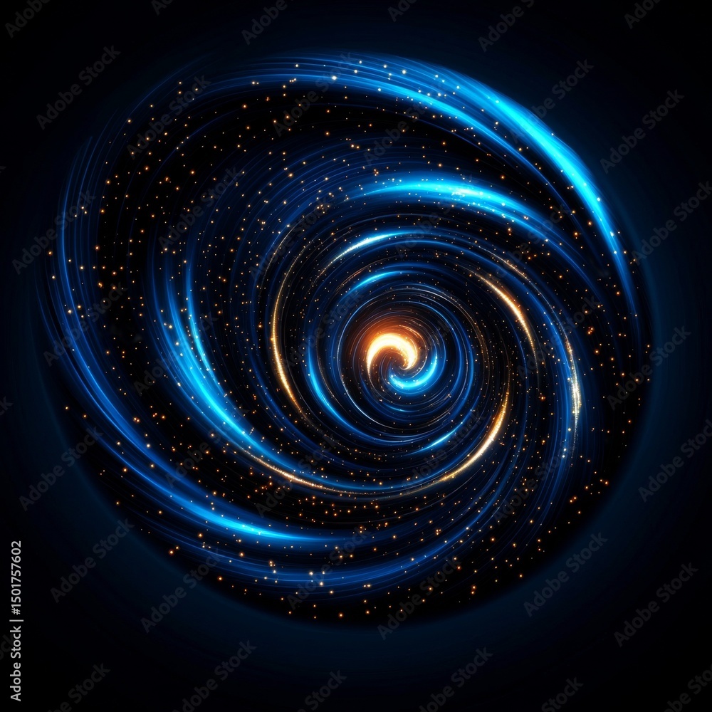 Abstract Spiral of Blue Light Streaks and Golden Sparks on Black, Swirl, Energy Abstract Spiral of Blue Light Streaks and Golden Sparks on Black, Swirl, Energy