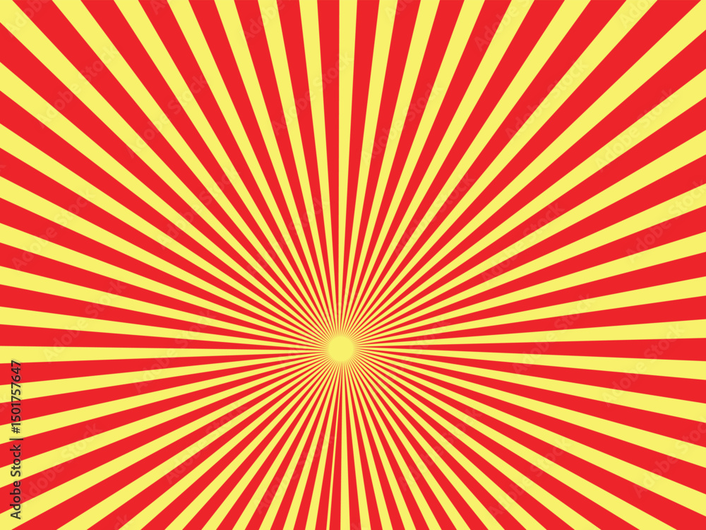 Fototapeta premium Yellow and red banner with Sun rays, yellow comic background. Sunburst background