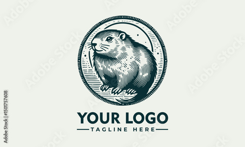 Beaver emblem illustration, detailed sketch style of beaver near water in circular badge design
