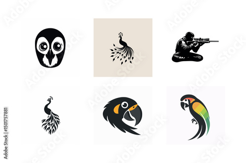 Six unique bird and sniper logos black and white