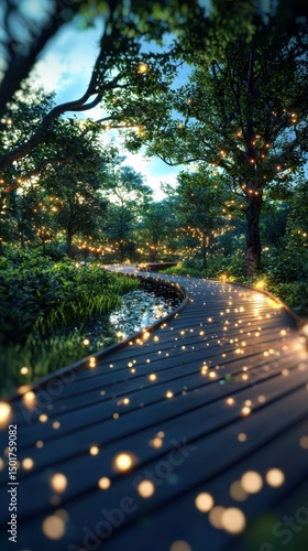 Wallpaper Mural Enchanting evening walk amidst glowing fireflies serene forest path digital art tranquil nature ground level view fantasy vibe Torontodigital.ca