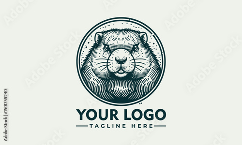 Beaver emblem illustration, detailed sketch style of beaver near water in circular badge design
