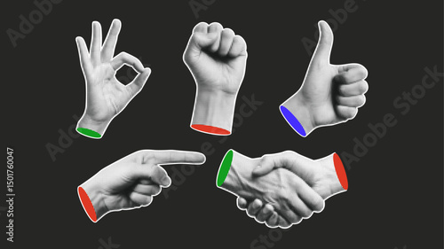 Halftone Hand Gesture Retro Vector Set Collection Pop Art Style Hands Showing Gestures Like Thumbs Up Fist Handshake Pointing Ok Sign On Black
