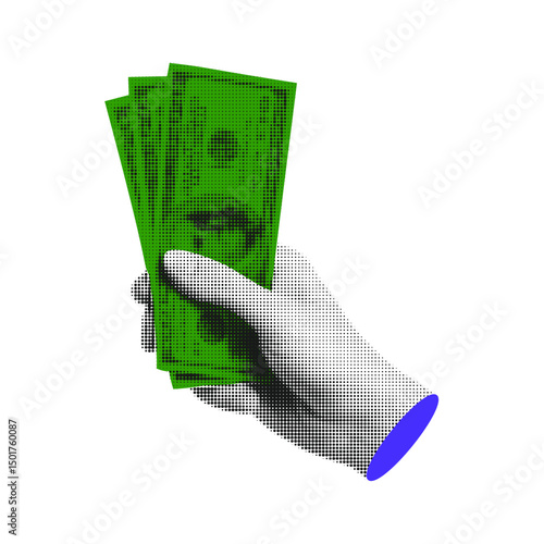 Halftone Hand Gesture Retro Vector Green Cash Dollar Bill Payment Finance Wealth And Money Business Concept