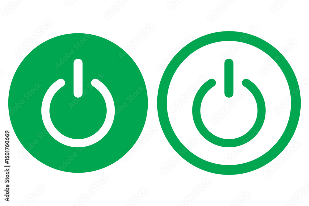 Power button. ON and OFF set icons. Vector black and flat icon, energy sing symbol, Power switch, electricity turn on off, icon, sticker, badge. Editable vector icon set.