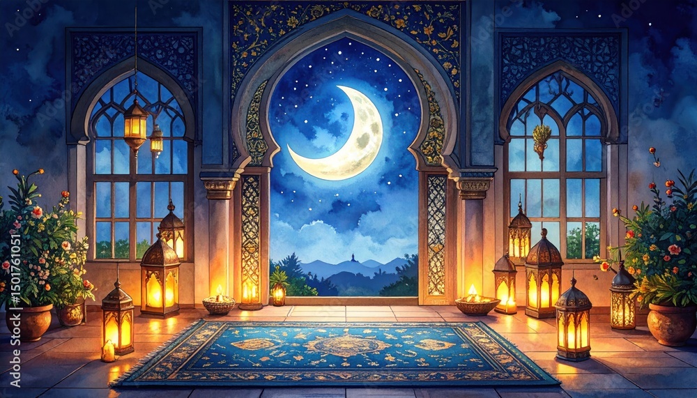 Obraz premium Moorish arches frame moonlit night sky, lanterns glow on a rug