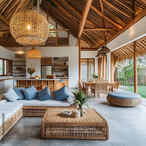 Modern Bali Villa with Flowing Open-Concept Design, Rattan Furniture, and Boho Aesthetic—A Serene Tropical Retreat Blending Natural Textures and Laid-Back Island Style