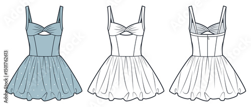 Balloon Skirt Dress Technical Fashion Illustration. Twisted bustier mini Dress fashion flat technical drawing template, corset, traps, back zipper, front and back view, white, blue, women CAD mockup.