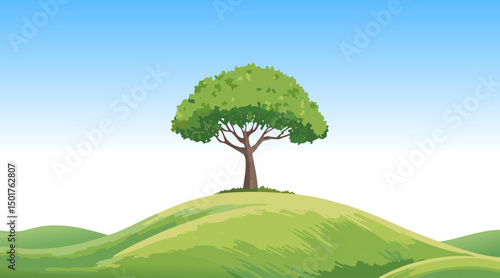 背景_丘の上の1本の木と青空の風景_2