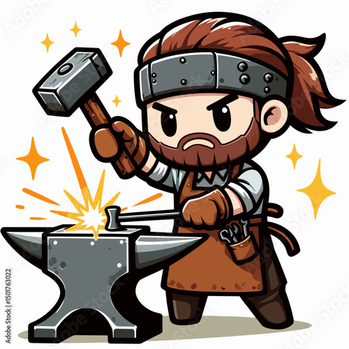 Chibi blacksmith hammering iron on anvil with sparks  in colored vector illustration